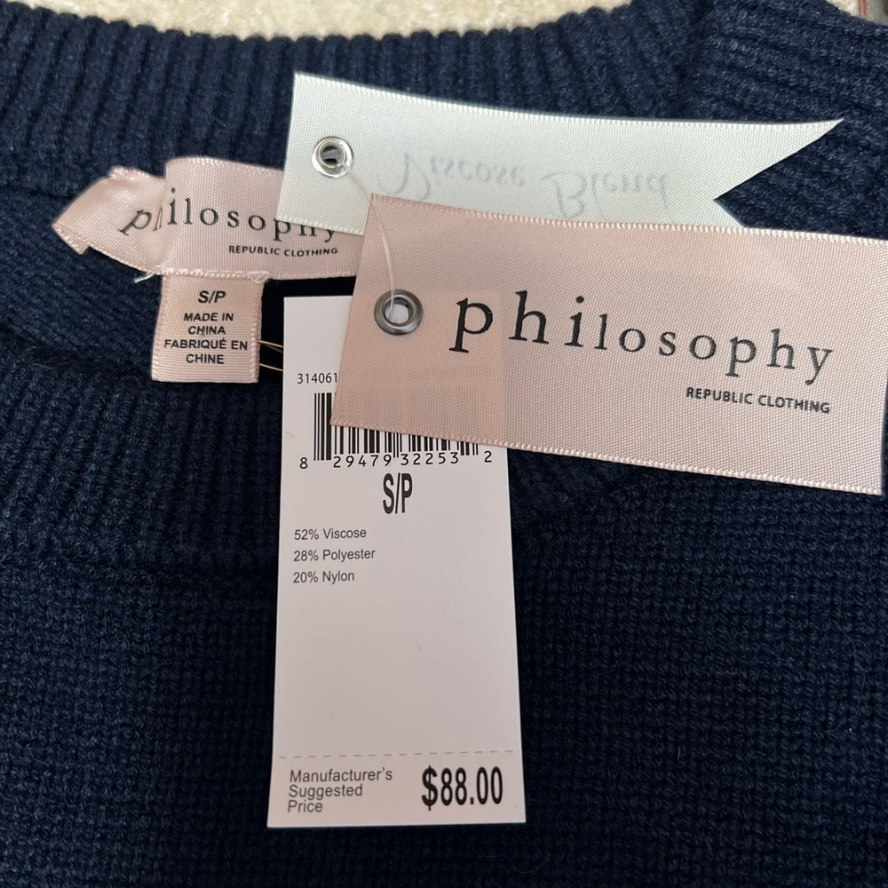 Philosophy Sweater Small Navy Blue White Stripe Tennis Sweater Soft New $88 - Picture 6 of 7